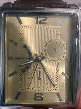 Merona FMDM203 Gold-Tone Rectangular Dial Watch with Brown Leather Strap